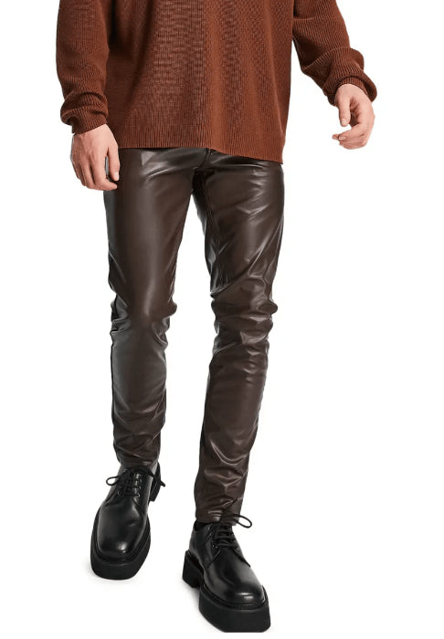 Men's Dark Brown Skinny Leather Pants