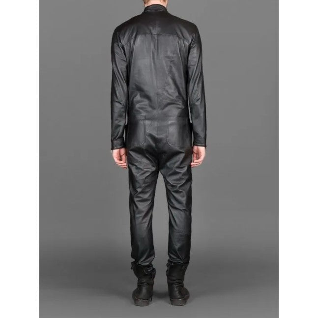 Men's Slim Fit Black Leather Jumpsuit with Front Zip