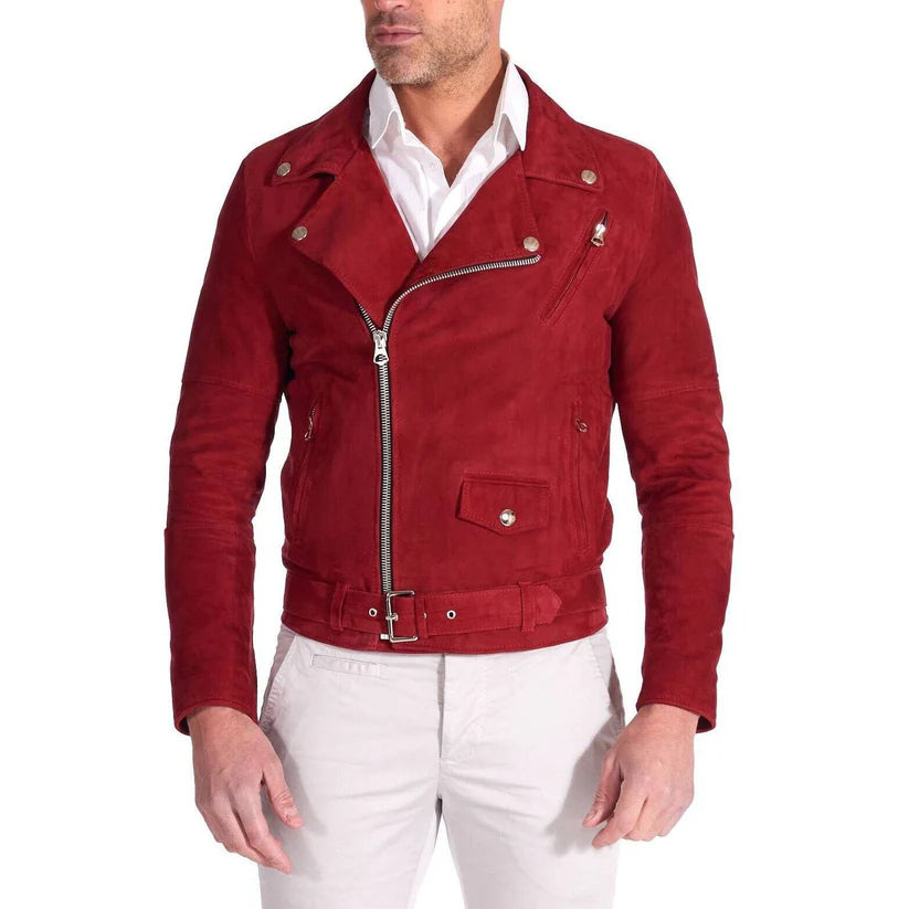 Crimson Rider Slim Fit Red Suede Leather Motorcycle Jacket – Genuine Biker Jacket for Men