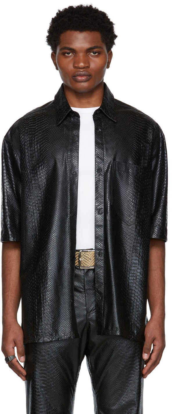 Men’s Black Snake Print Leather Shirt