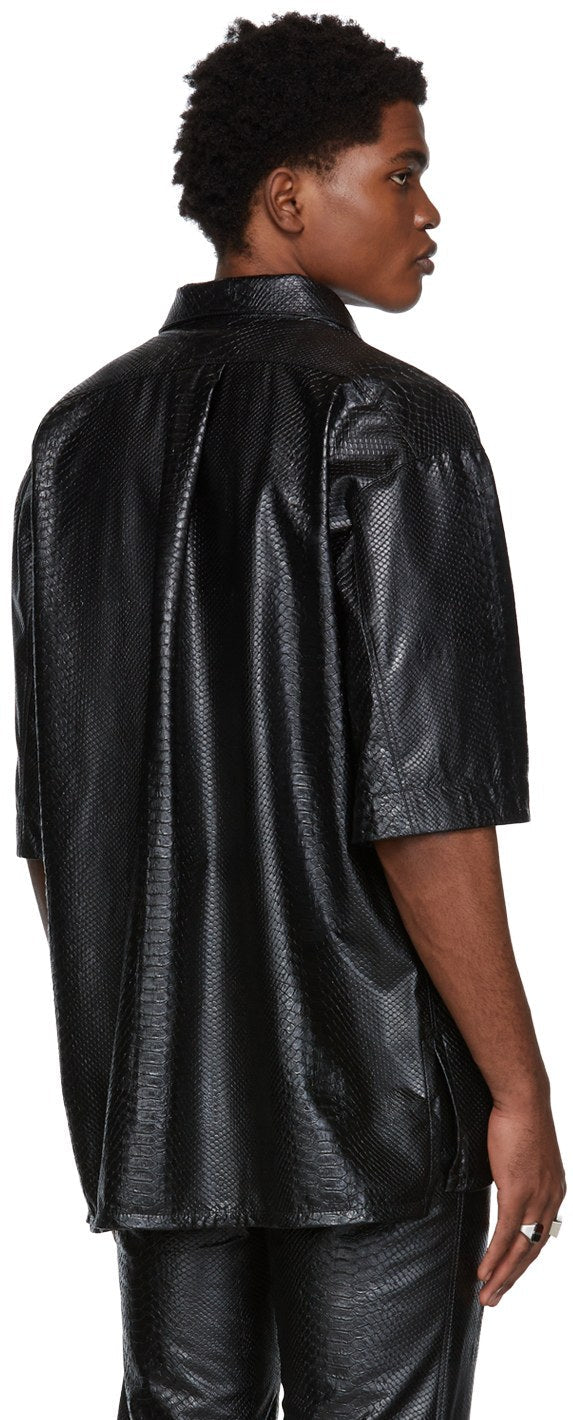 Men’s Black Snake Print Leather Shirt