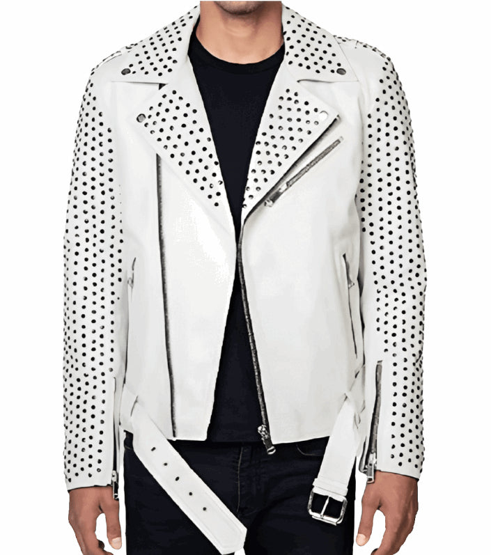 Men’s White Studded Leather Biker Jacket