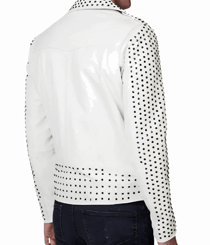 Men’s White Studded Leather Biker Jackets