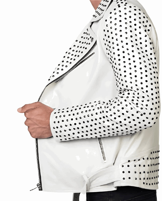Men’s White Studded Leather Biker Jacket