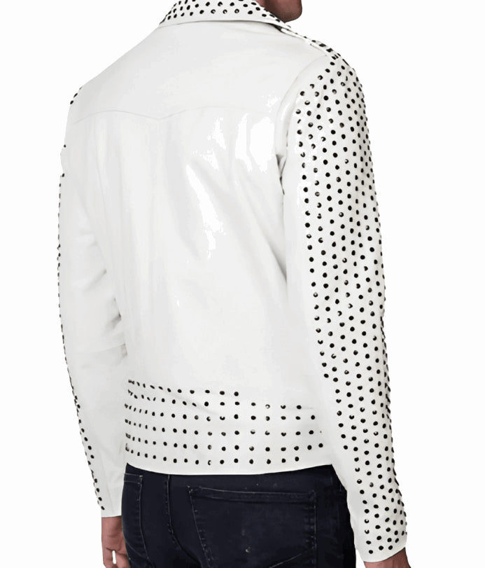 Men’s White Studded Leather Biker Jacket