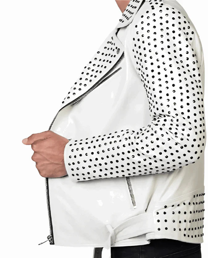 Men’s White Studded Leather Biker Jackets