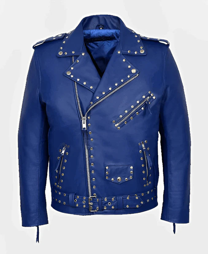 Men's Studded Leather Biker Jacket in Blue