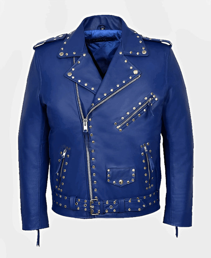 Men’s Blue Studded Leather Biker Jacket