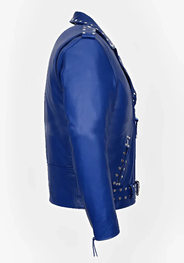 Men's Studded Leather Biker Jacket in Blue
