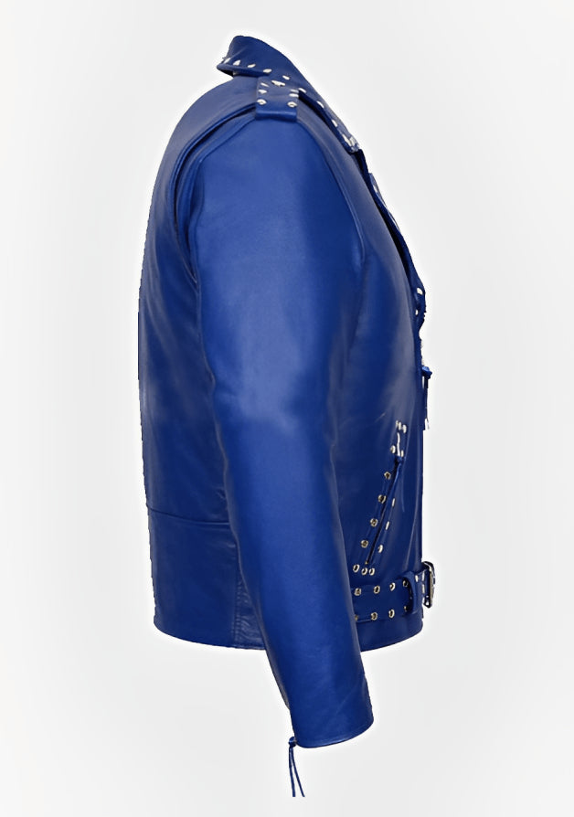 Men’s Blue Studded Leather Biker Jacket