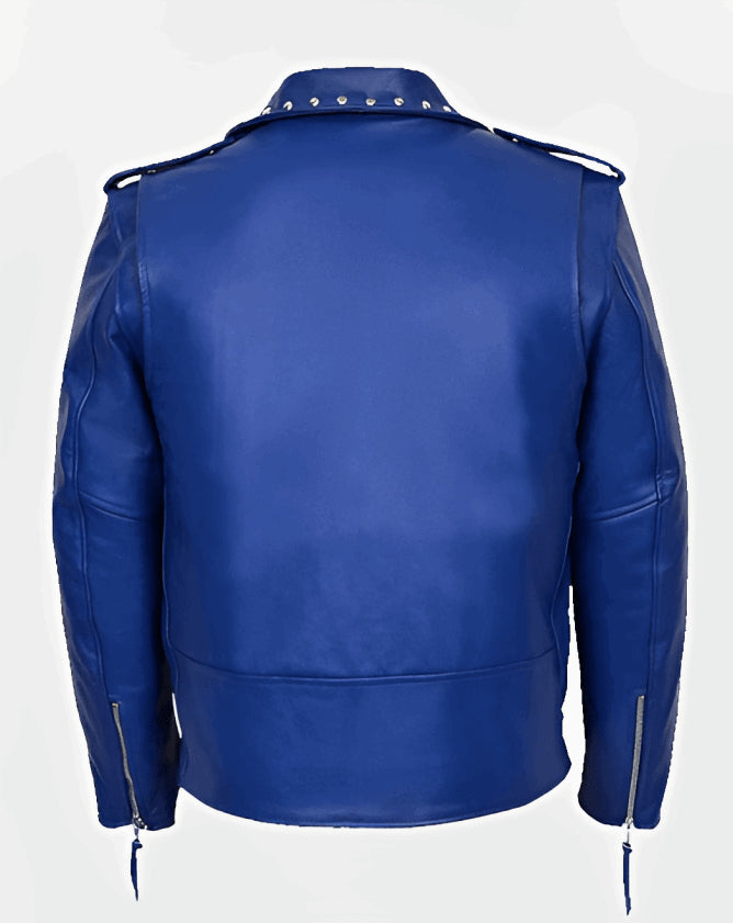 Men’s Blue Studded Leather Biker Jacket