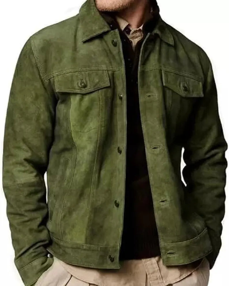 Men’s Suede Leather Bomber Jacket – Handmade Western Trucker Style Casual Coat
