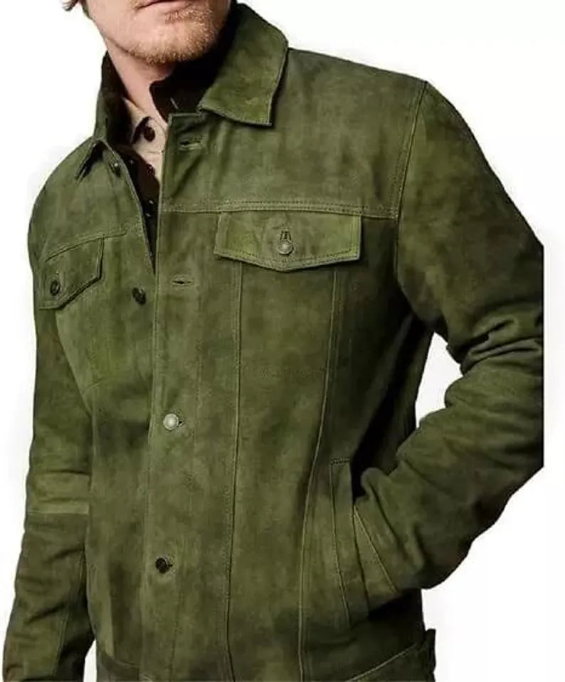 Men’s Suede Leather Bomber Jacket – Handmade Western Trucker Style Casual Coat