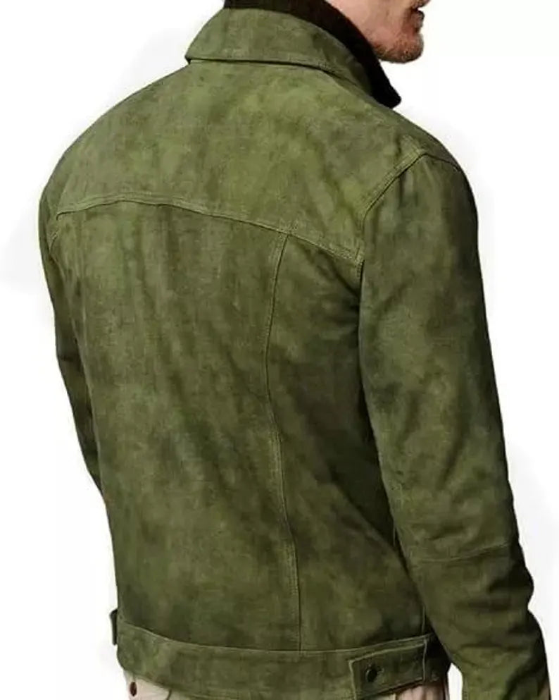 Men’s Suede Leather Bomber Jacket – Handmade Western Trucker Style Casual Coat
