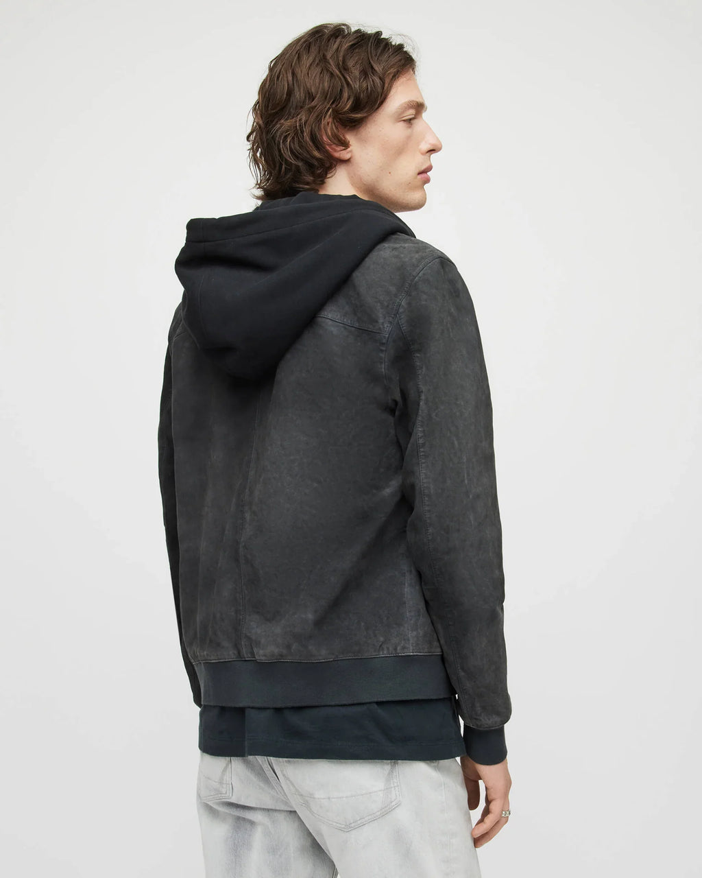 Men’s Black Suede Leather Bomber Jacket with Removable Hood – Stylish Winter Outerwear