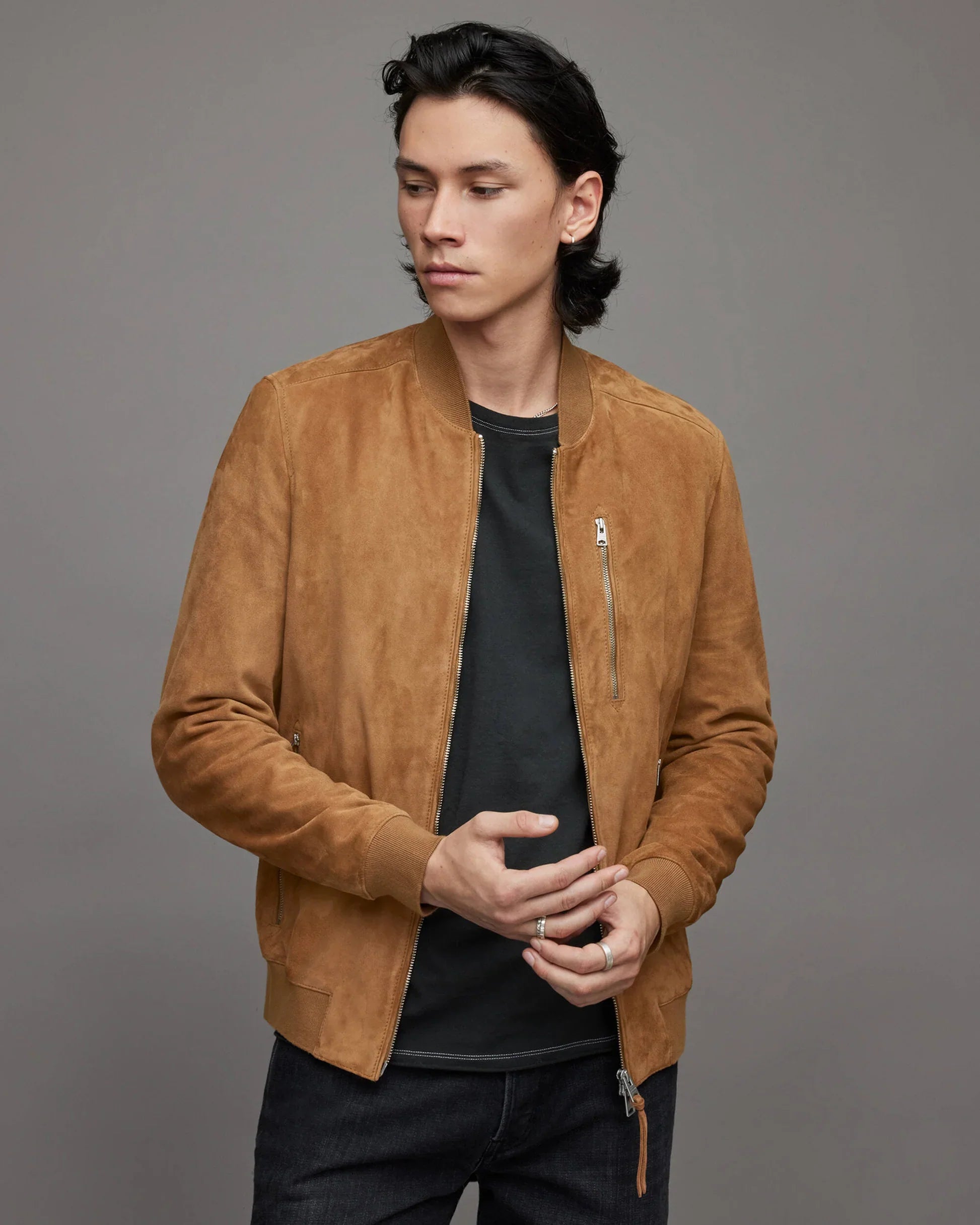 Men’s Brown Suede Leather Bomber Jacket – Classic Lightweight Outerwear