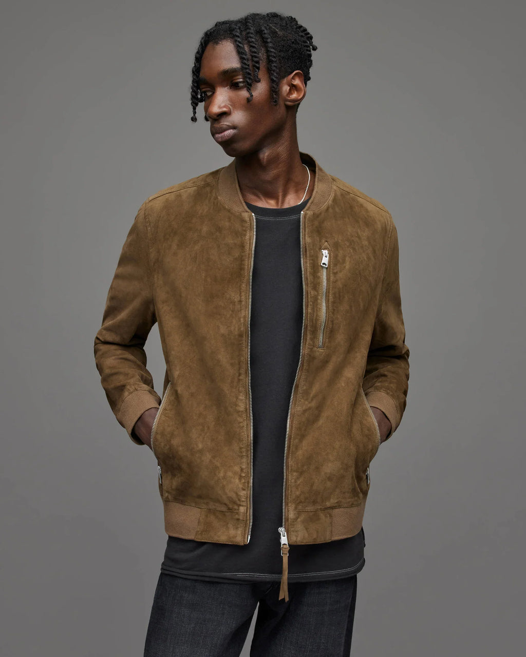 Men’s Tan Brown Suede Leather Bomber Jacket – Classic Lightweight Outerwear