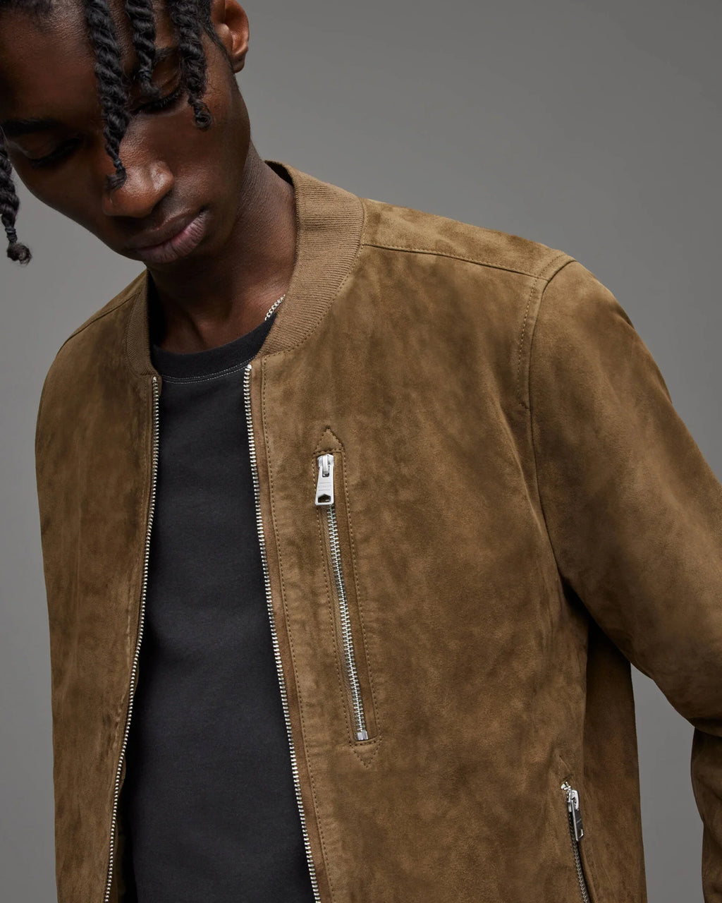 Men’s Tan Brown Suede Leather Bomber Jacket – Classic Lightweight Outerwear