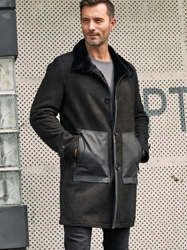 Men’s Black Suede Leather Shearling Coat – Classic, Warm & Stylish
