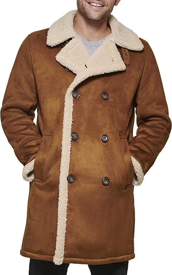 Men's Tan Brown Suede Leather Shearling Coat – Timeless & Warm Winter Wear