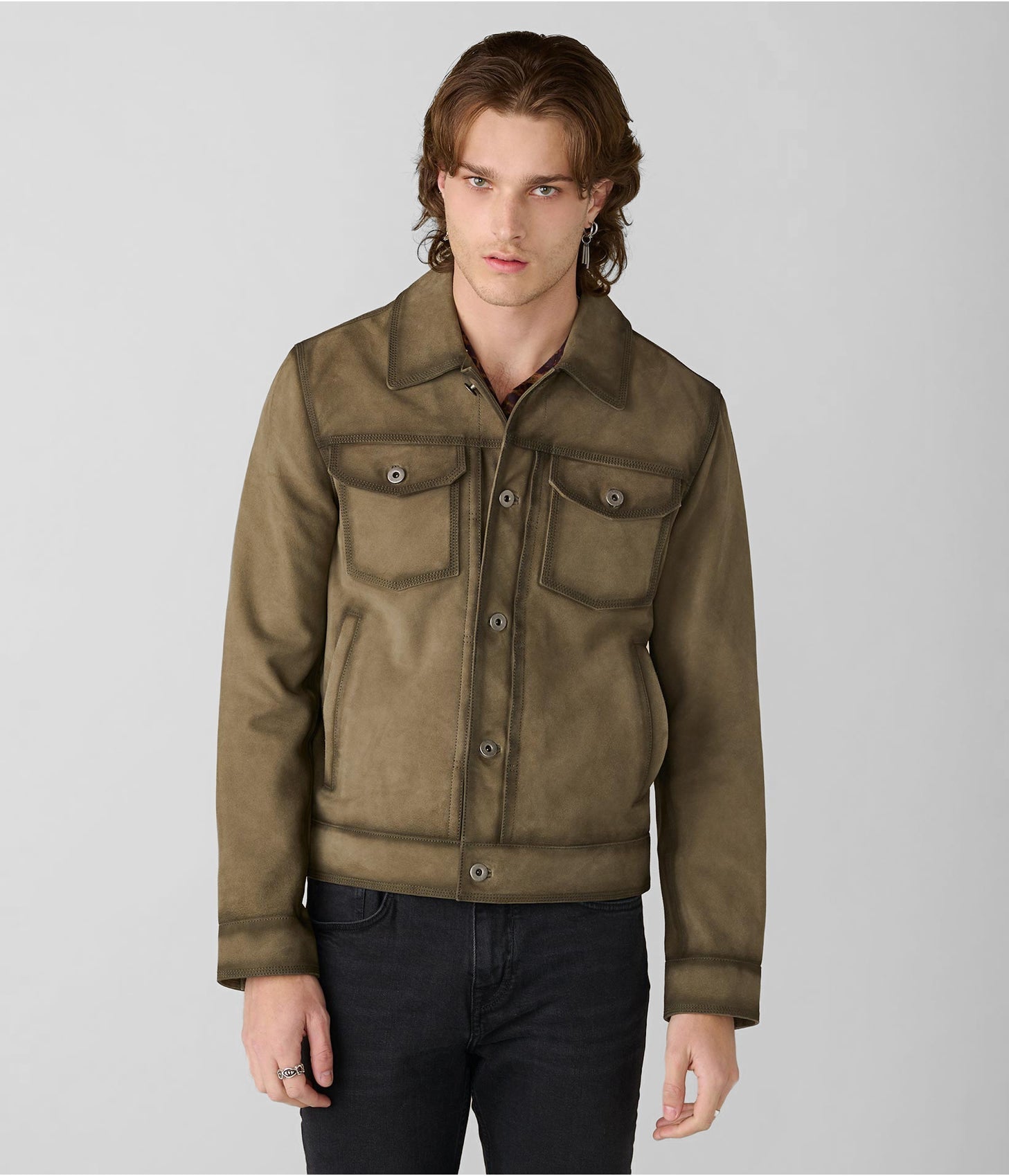 Men’s Olive Green Suede Leather Trucker Jacket