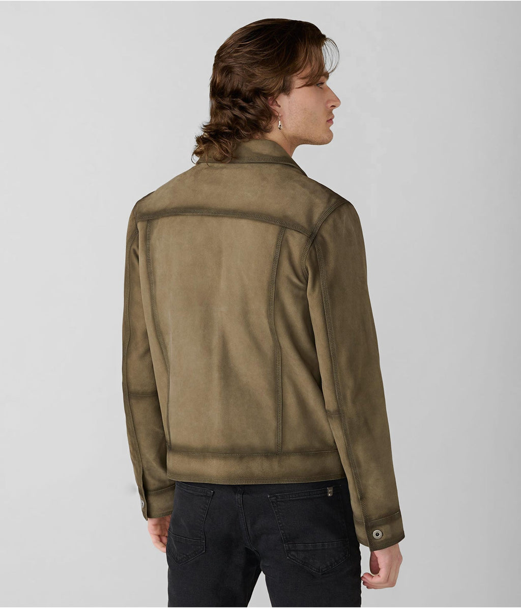 Men’s Olive Green Suede Leather Trucker Jacket