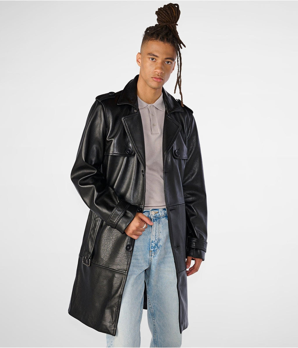 Men’s Black Leather Trench Coat with Belt