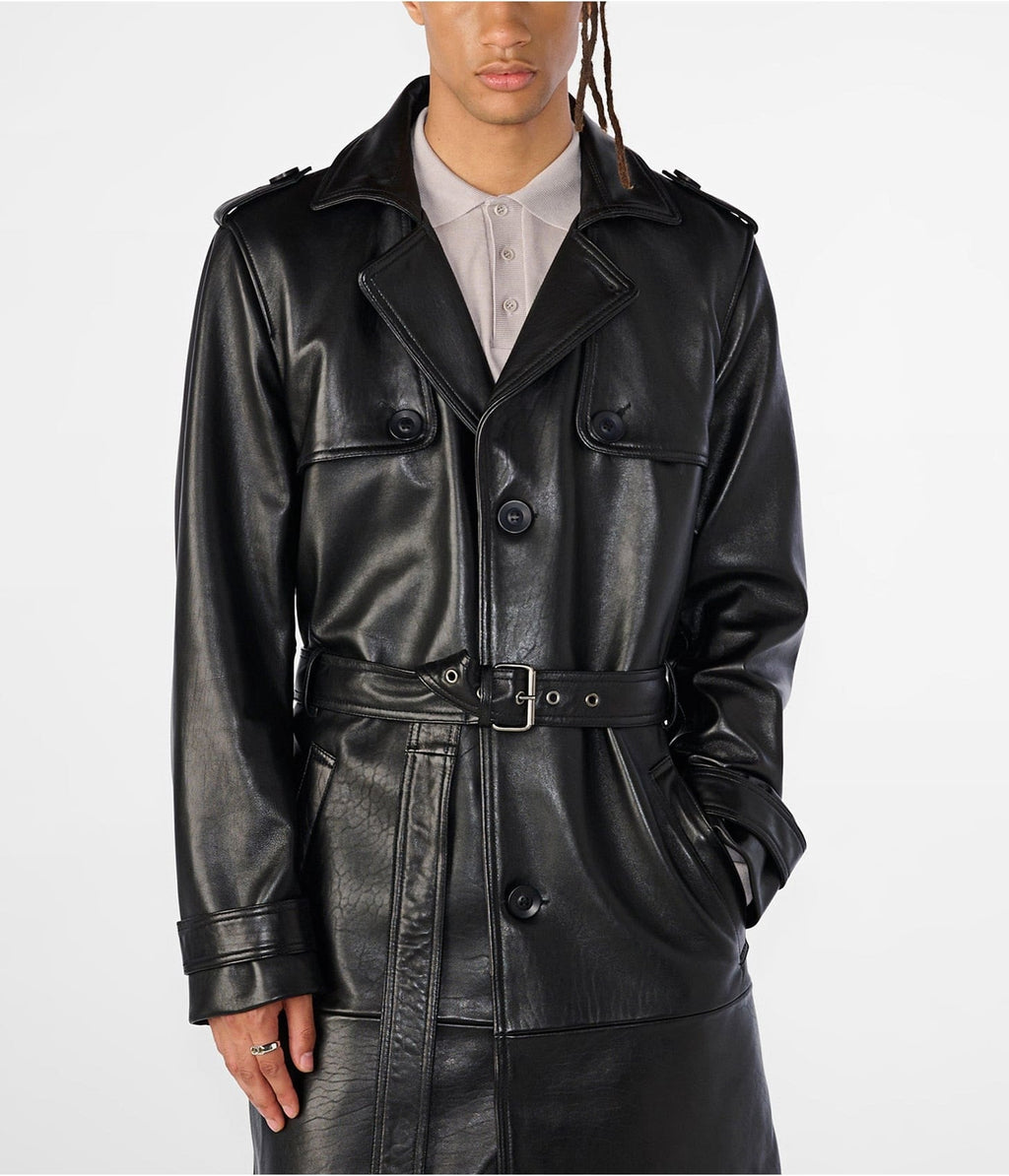 Men’s Black Leather Trench Coat with Belt