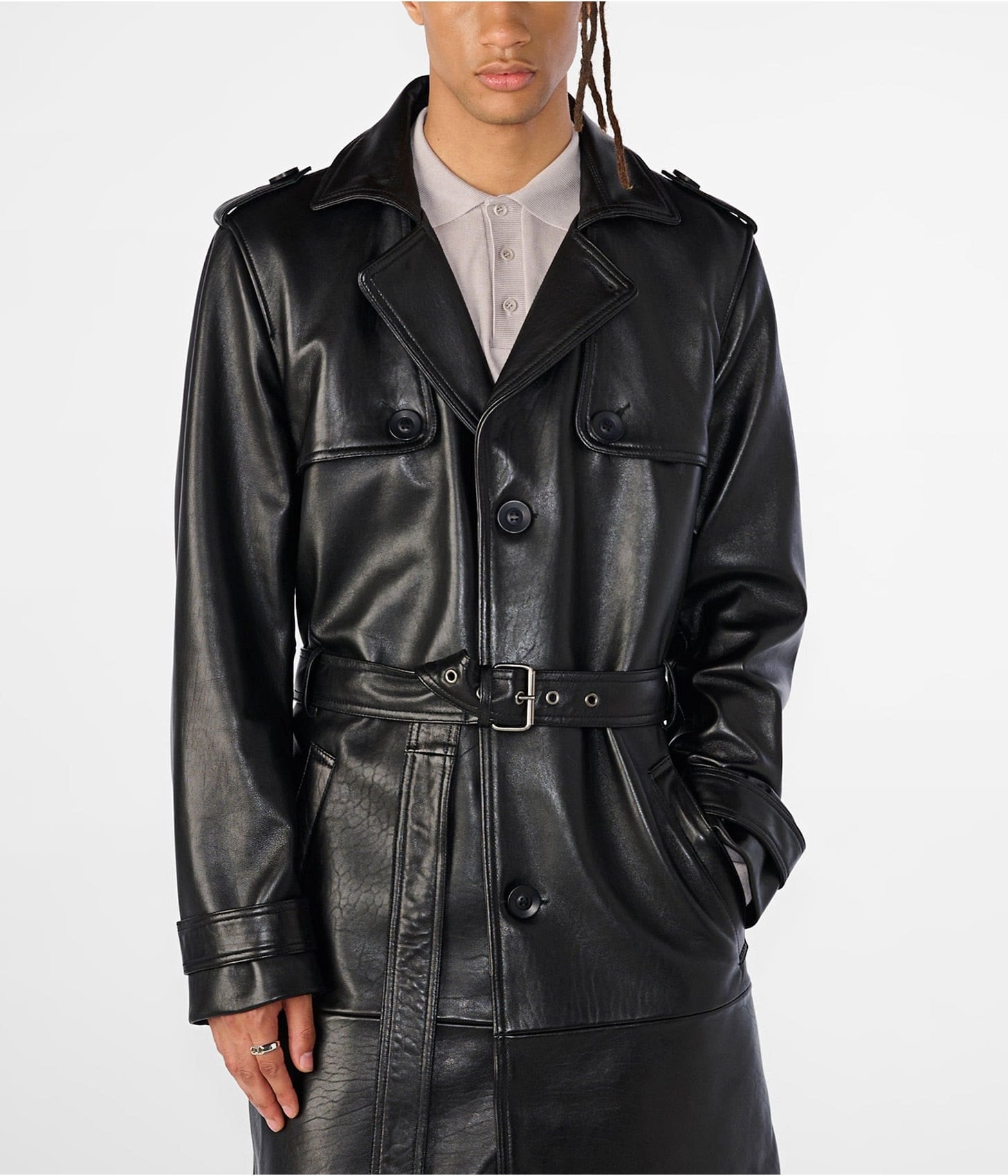 Men’s Black Leather Trench Coat with Belt
