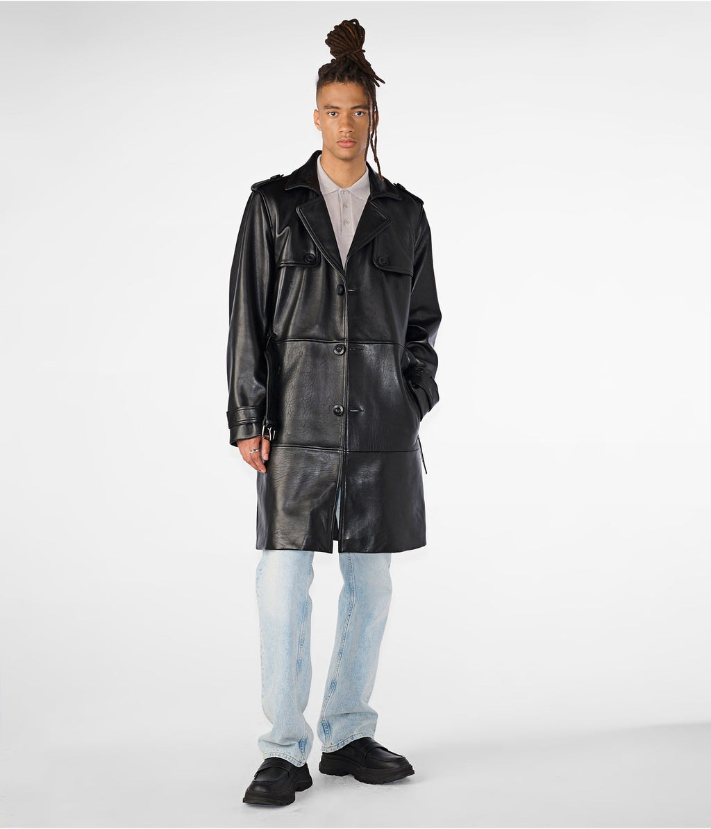 Men’s Black Leather Trench Coat with Belt