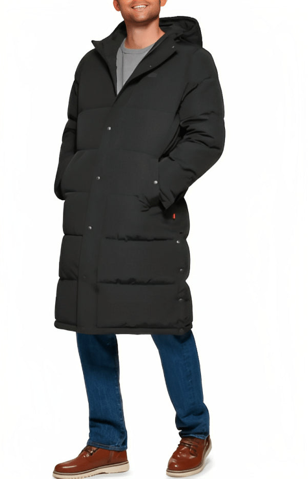 Men's Black Hooded Trench Puffer Coat – Warm & Stylish Winter Jacket
