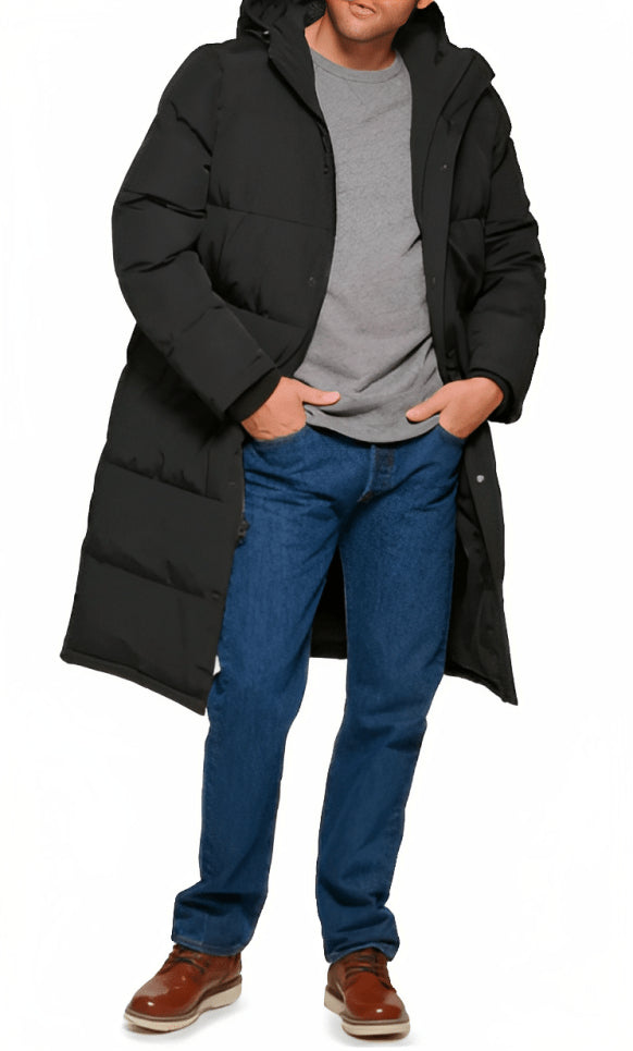 Men’s Black Hooded Trench Puffer Coat – Warm & Stylish Winter Wear