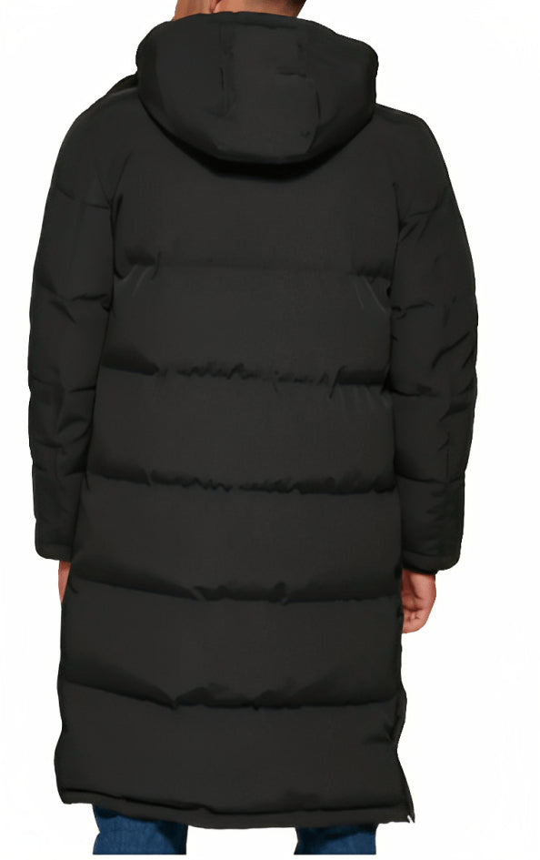 Men's Black Hooded Trench Puffer Coat – Warm & Stylish Winter Jacket