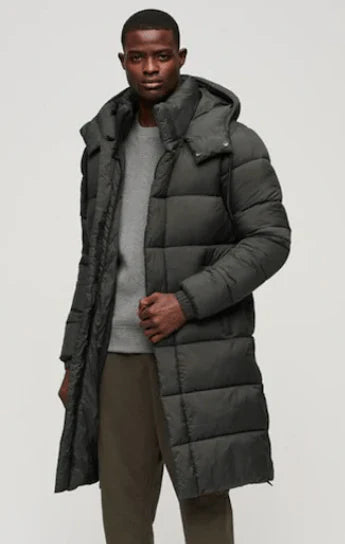 Men's Trench Puffer Coat In Black With Removable Hood