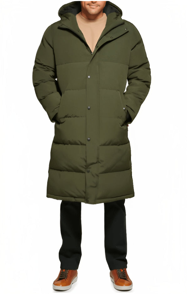 Men’s Khaki Trench Puffer Coat with Hood