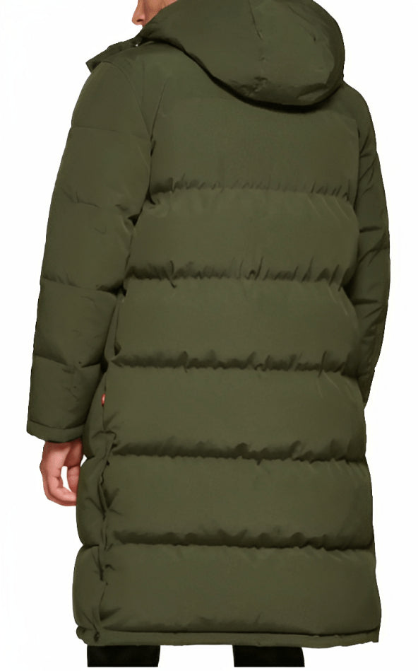 Men’s Khaki Trench Puffer Coat with Hood