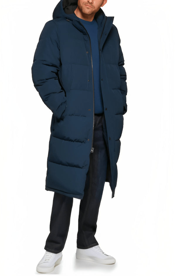 Men's Navy Blue Hooded Trench Puffer Coat – Warm & Stylish Winter Jacket
