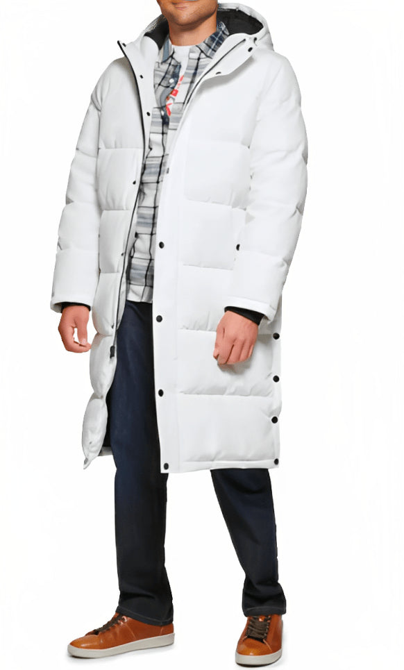 Men’s White Trench Puffer Coat with Hood