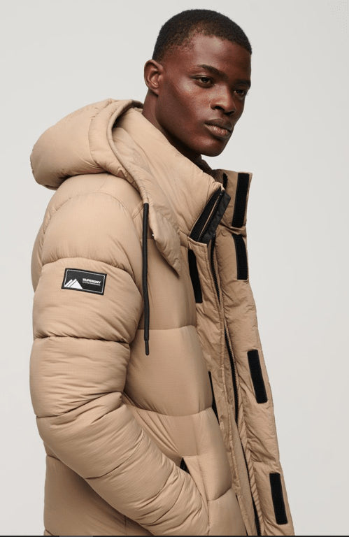 Tan Brown Trench Puffer Hooded Coat for Men