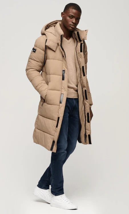 Men's Trench Puffer Hooded Coat In Tan Brown