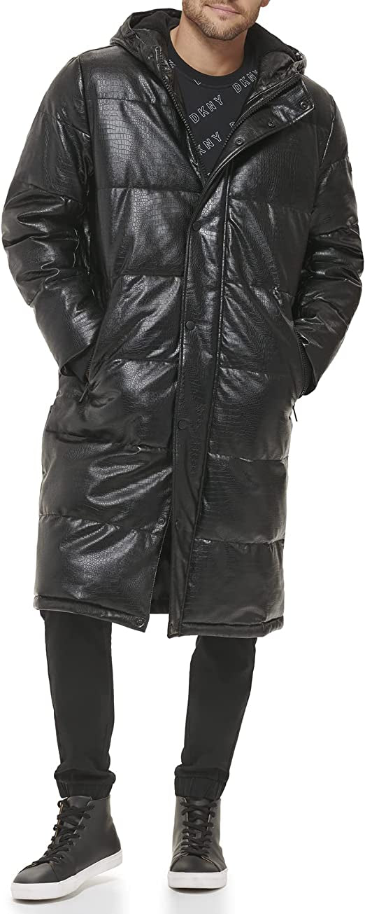 Men’s Black Snakeskin Texture Trench Puffer Leather Coat