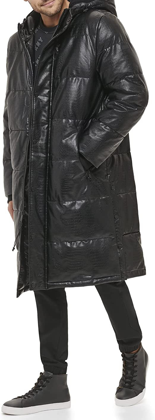 Men’s Black Snakeskin Trench Puffer Leather Coat – Bold & Luxurious