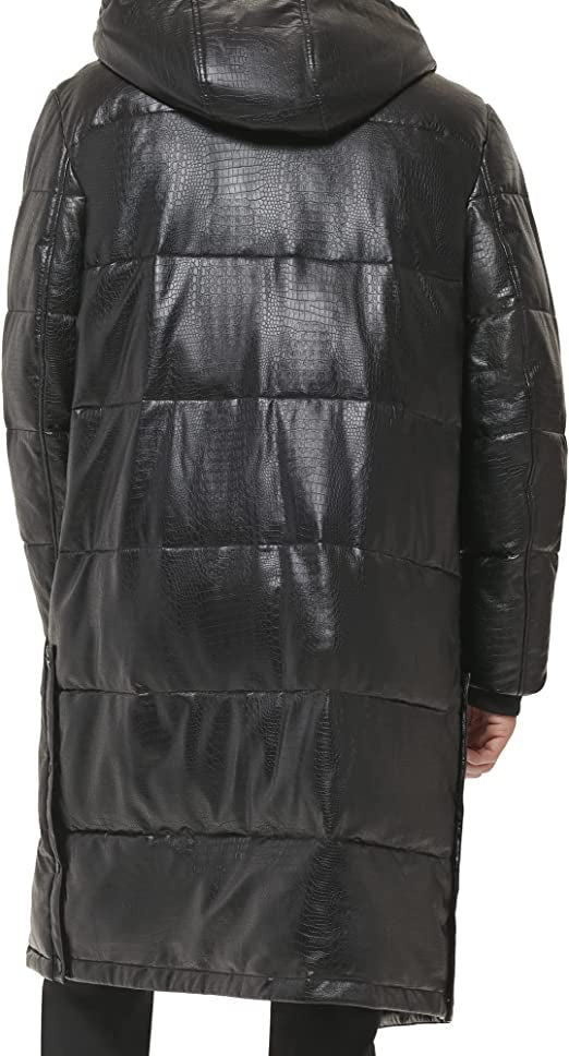Men’s Black Snakeskin Trench Puffer Leather Coat – Bold & Luxurious