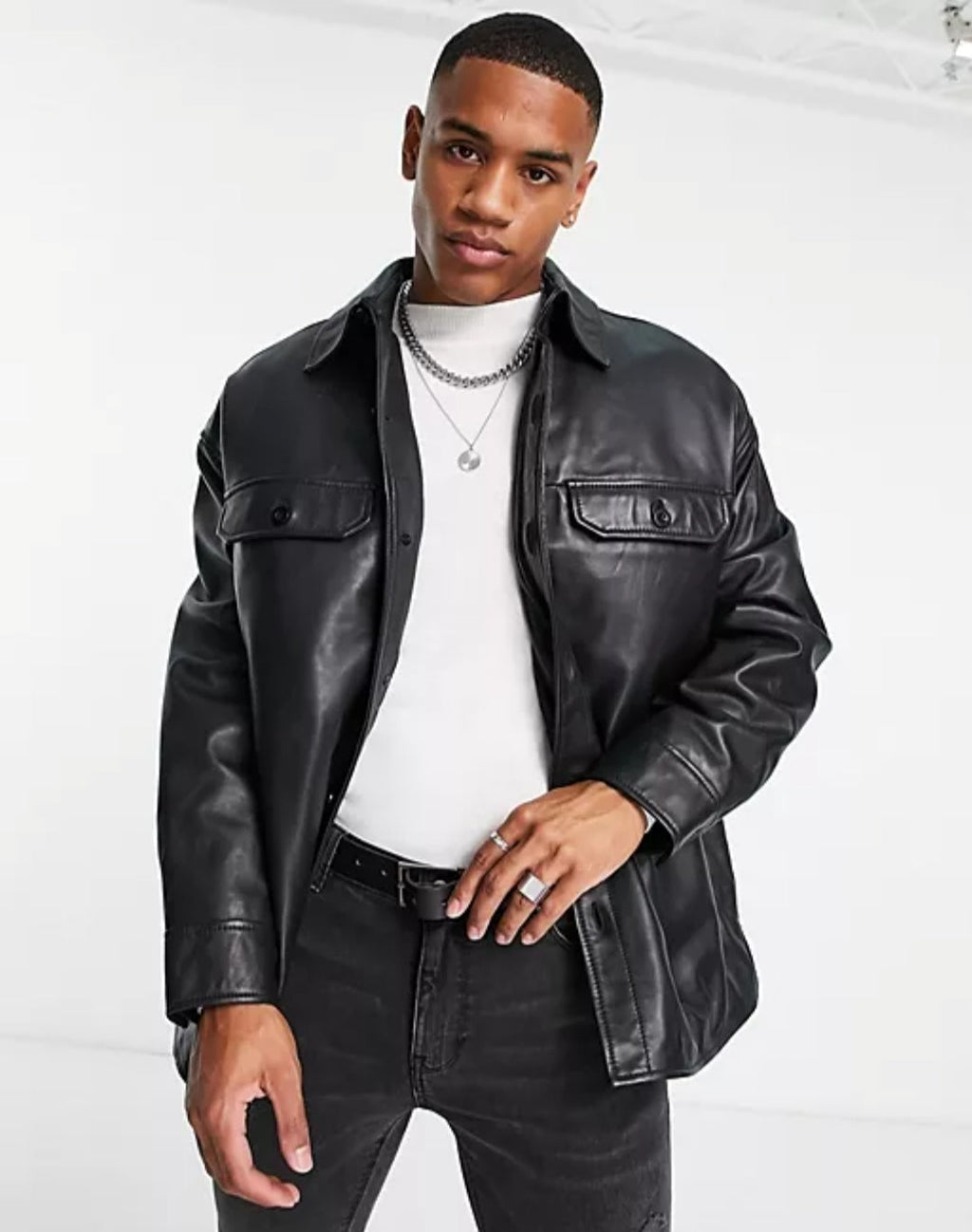 Men’s Black Trucker Leather Shirt