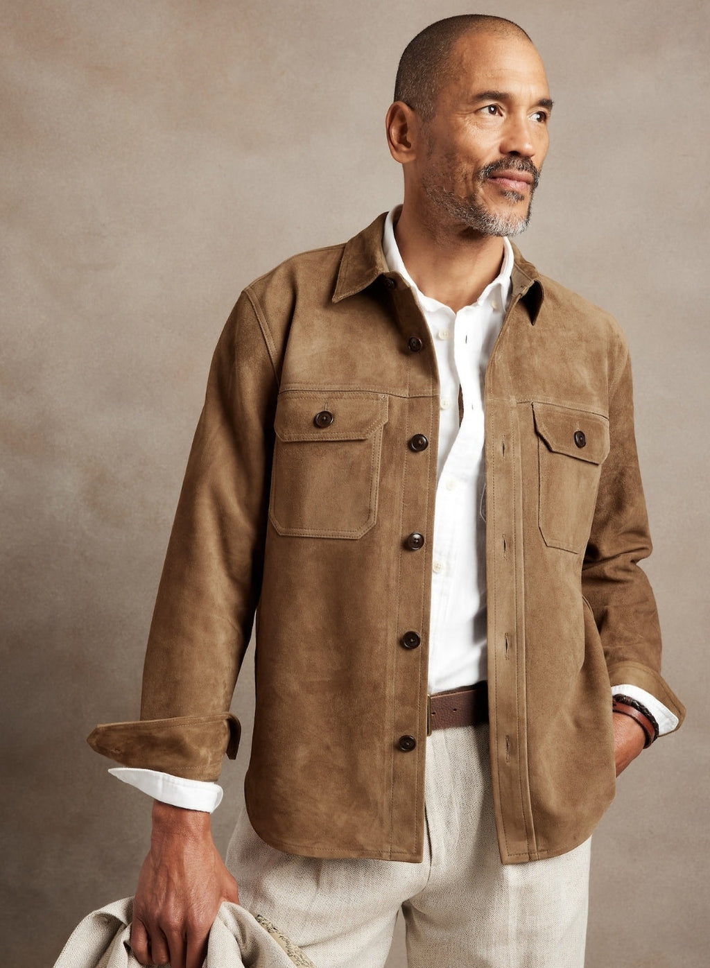 Men’s Tan Brown Suede Trucker Leather Shirt