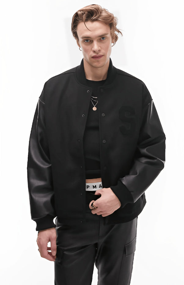 Men’s Black Varsity Leather Bomber Jacket – Classic Streetwear Outerwear