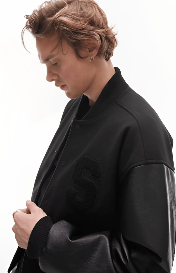 Men’s Black Varsity Leather Bomber Jacket – Classic Streetwear Outerwear