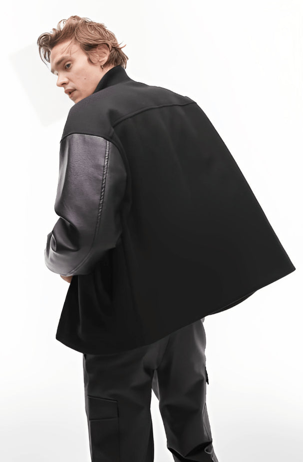 Men’s Black Varsity Leather Bomber Jacket – Classic Streetwear Outerwear