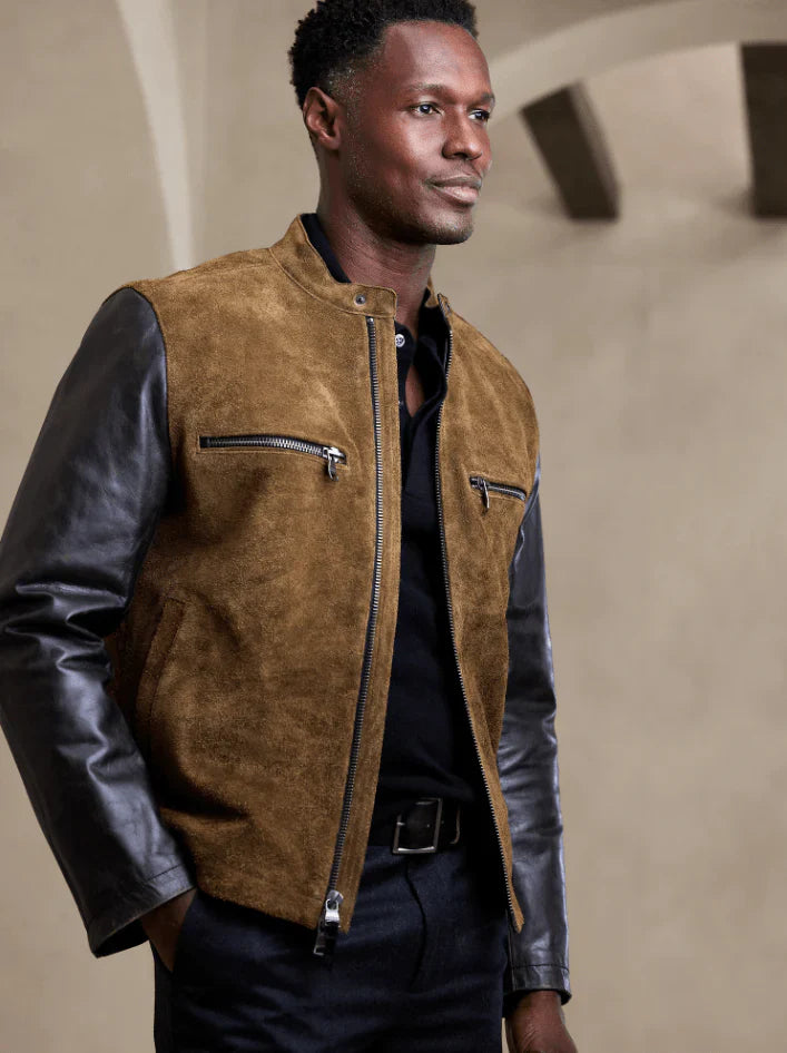 Men's Varsity Suede Motorcycle Leather Jacket in Brown