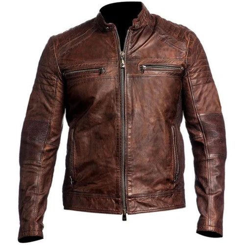 Men’s Vintage Brown Café Racer Biker Jacket – Genuine Leather Classic